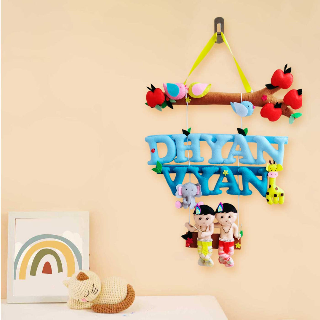 Personalized Krishna Theme Felt Kids Name Plate For Brothers