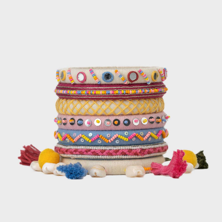 Pastel Handcrafted Navya Beaded Tassel Hanging with Shell Bangles | Set of 7