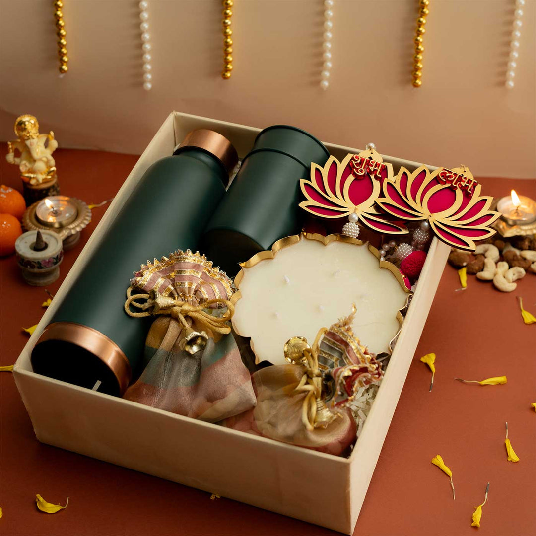 Handmade Raunak Gift Hamper | Includes 1 Bottle, 2 Glasses, 1 Shubh Labh, 1 Candle, Dry Fruits, 1 Card And 1 Box