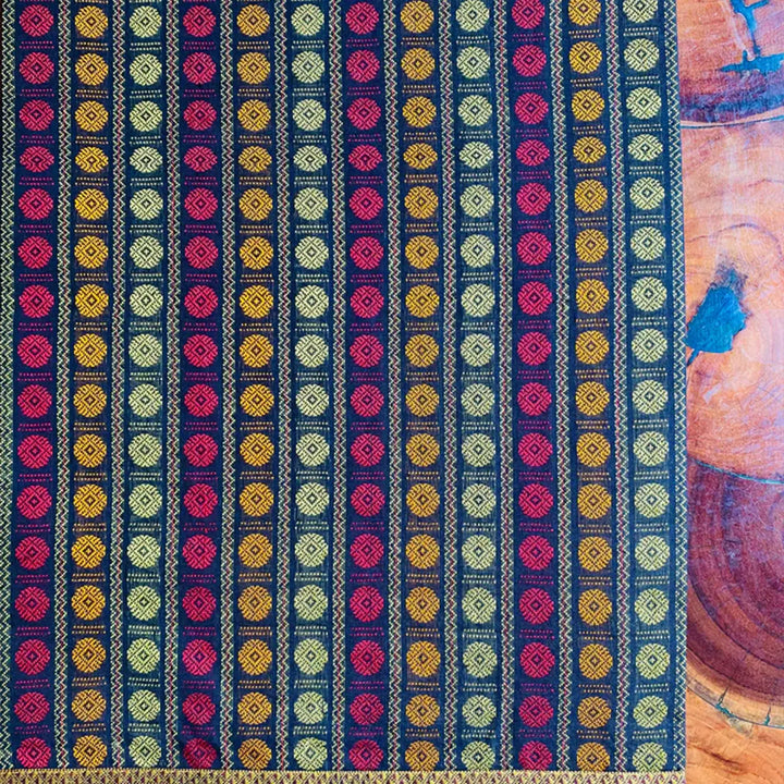 Handmade Colorful Rudraksha Design Khunn Fabric Cotton Table Runner | 13 x 60 Inch