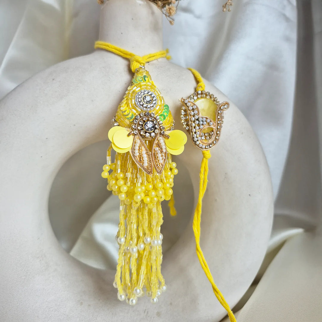 Handmade Beaded & Stone Embellished Yellow Bhaiya Bhabhi Rakhi | Set Of 2