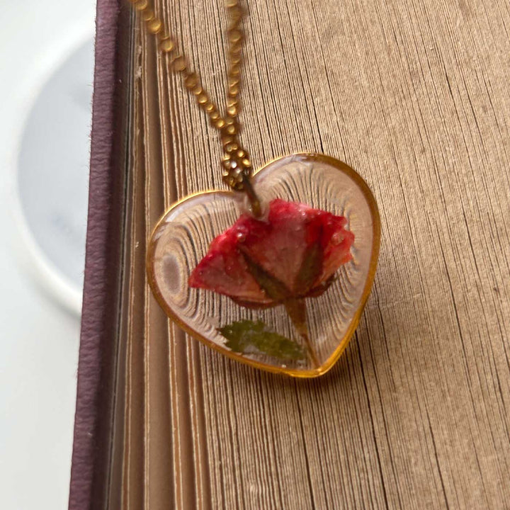 Red Preserved Rose Heart Stainless Steel Necklace
