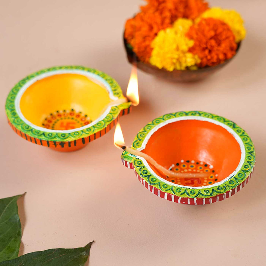 Set of 8 | Handmade Big Round Clay Oil Lamp / Diya