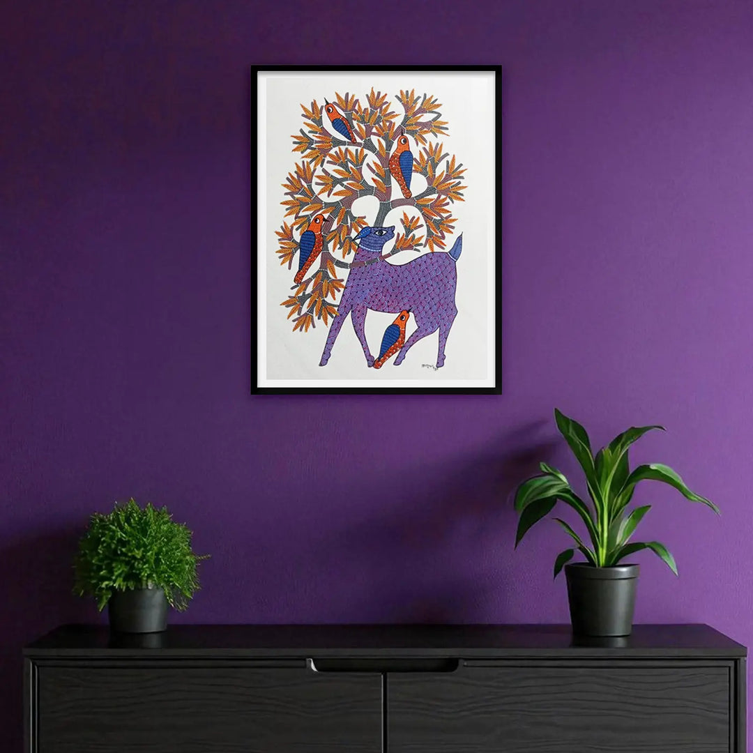 11 x 16 Inch | Wildlife & Birds Under Tree | Original Hand Painted Tribal Gond Art Painting | Acrylic Paint On Paper