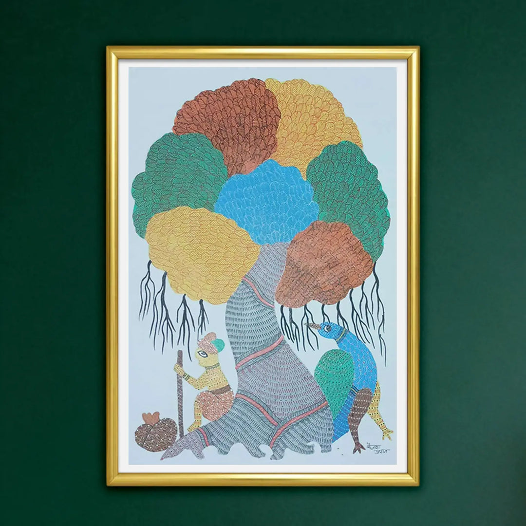 11 x 15 Inch | Peacock & The Living Shade | Original Hand Painted Tribal Gond Art Painting | Acrylic Paints On Paper