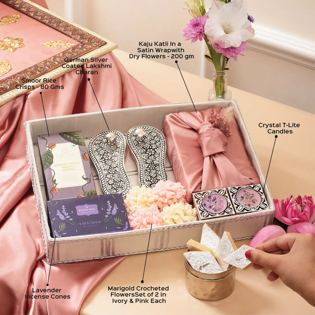 Serene Festive Soirees Diwali Gift Hamper | Includes 1 Lakshmi Charan, 1 Kaju Katli, 1 Lavender Incense Cone, 4 Crocheted Flowers, 1 Smoor Rice Crisps, 2 Crystal Tealights, 1 Gift Box