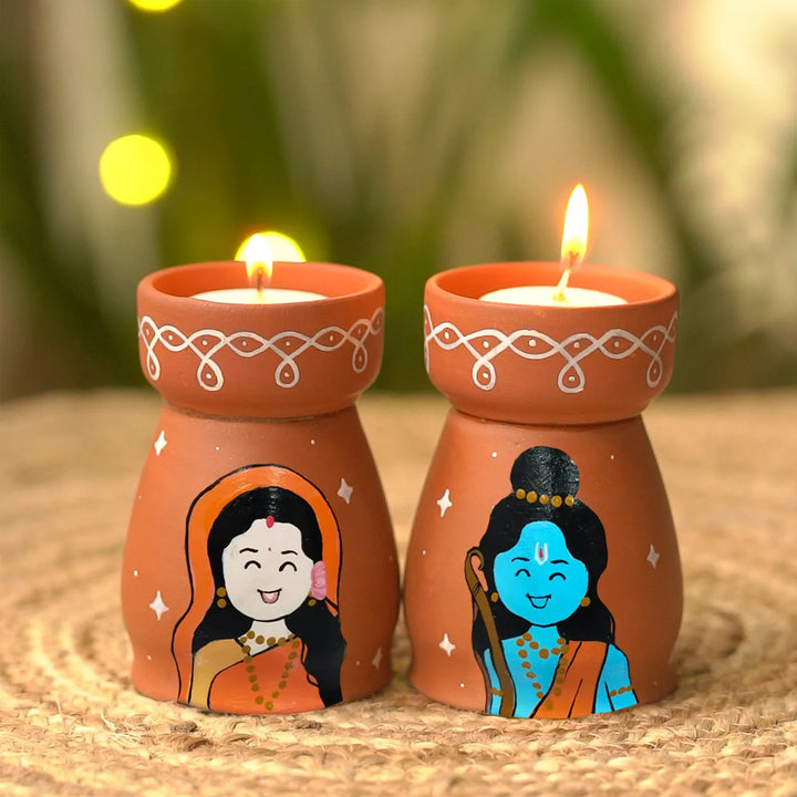 Hand-Painted Ram Sita Terracotta Tealight Holder | Set Of 2