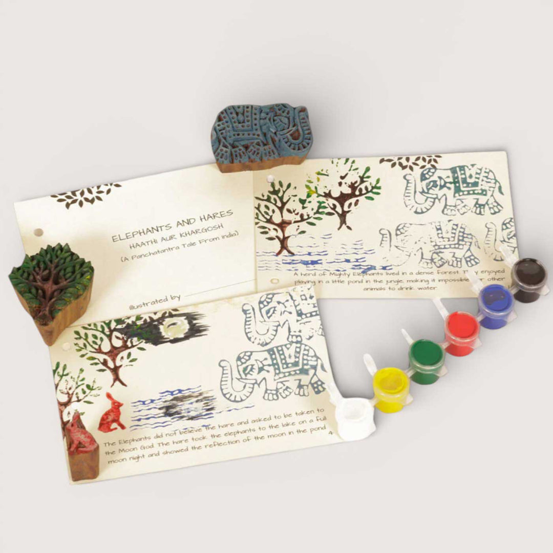 The Elephants and Hare Panchatantra Block Printing DIY Kit | 5 Stamps, Poster Colours, Painting Brush, Printing Pads, Story Cards  And Jute String