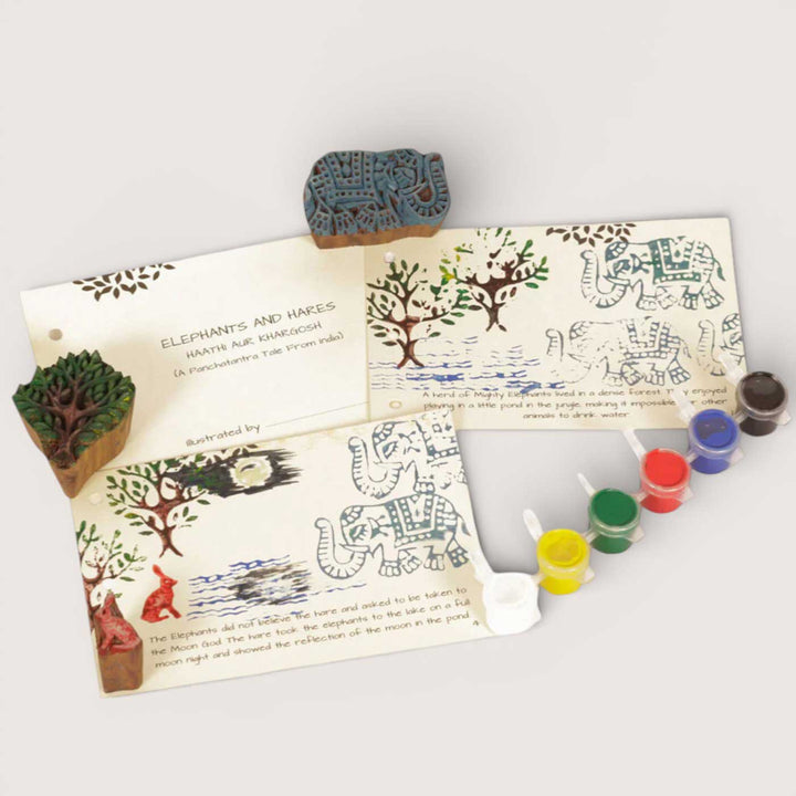 The Elephants and Hare Panchatantra Block Printing DIY Kit | 5 Stamps, Poster Colours, Painting Brush, Printing Pads, Story Cards  And Jute String