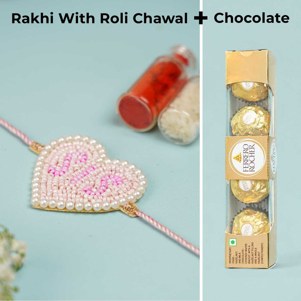 Handmade Beaded Sis Heart Theme Rakhi With Roli Chawal For Sisters - Product Bundle Display with Rakhi