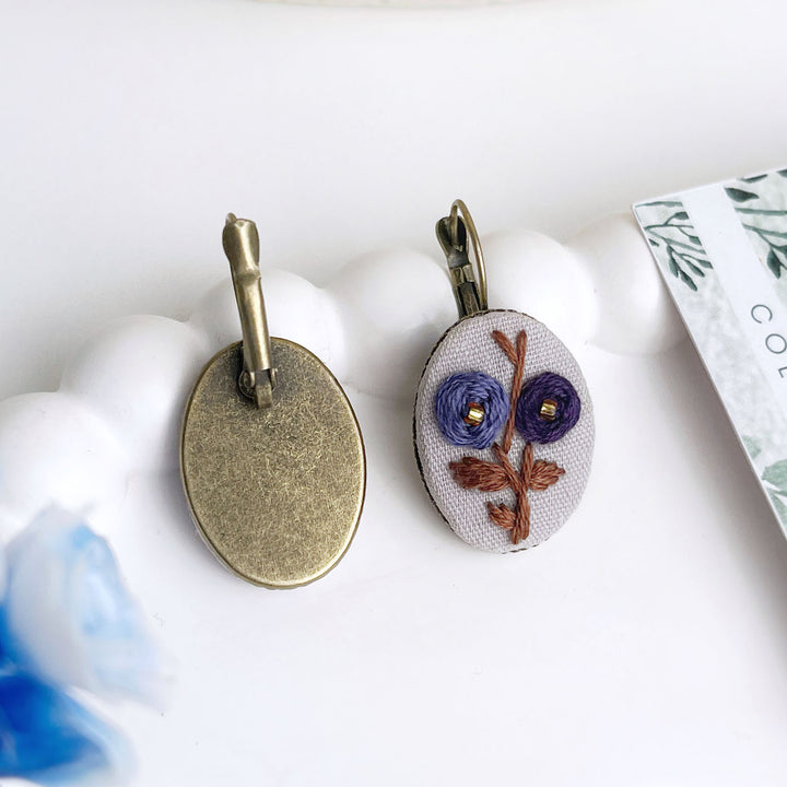 Hand Embroidered Moon Garden Bronze Tone Earrings