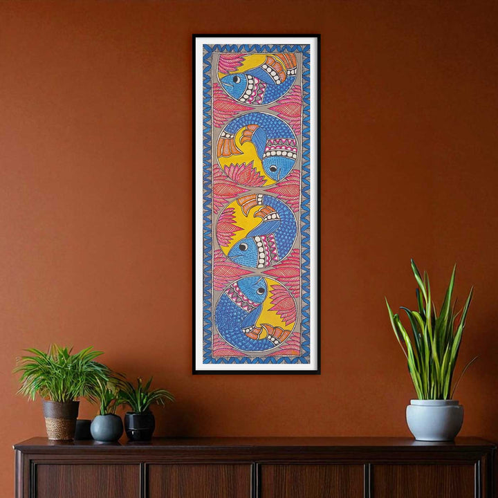 16 x 6 Inch | Fishes & Lotus | Original Hand Painted Madhubani Painting | Acrylic Paints On Paper