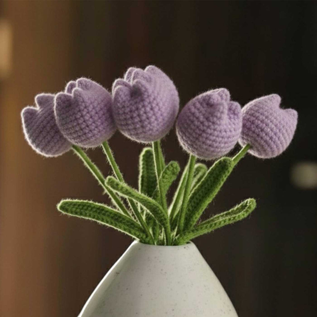 6 Pc | Handmade Crochet Tulip Flowers Design Acrylic Yarn Flower Bouquet
