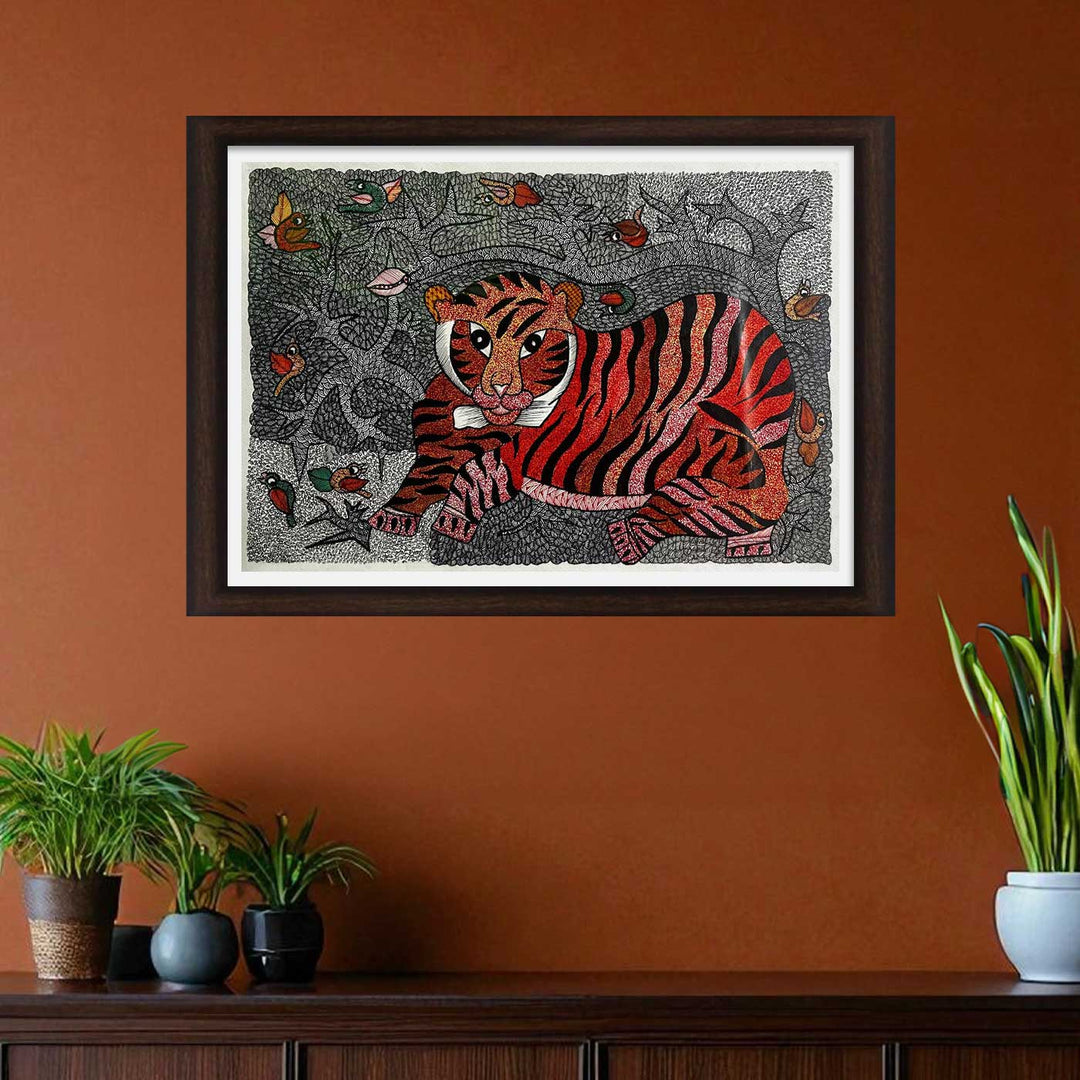 15 x 22 Inch | Tiger & Birds | Original Hand Painted Tribal Gond Art Painting | Acrylic Paints On Paper
