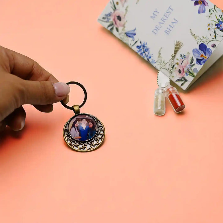 Photo Personalized Reusable Antique Bhaiya Bhabhi Rakhi With Roli Chawal Set Of 2 - Keychain Holding Example