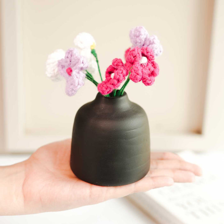 Handmade Crochet Mini Daisies With Black Bud Ceramic Vase