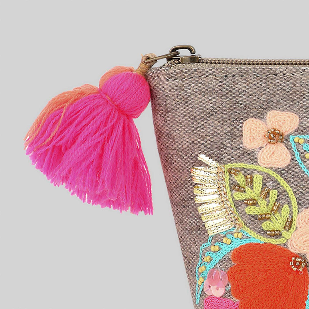 Handmade Embroidered Beige Color Jacquard Pouch
