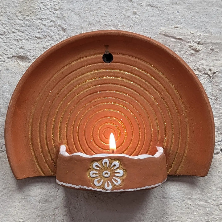 Hand-Painted Spiral Bloom Natural Terracotta Tealight Holder