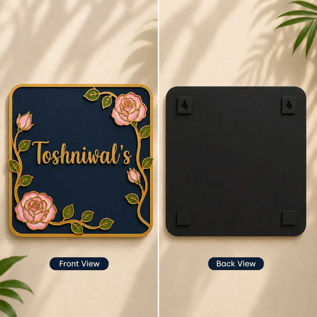 "Blooming Roses" Handcrafted Personalized MDF Wood Name Plate For Home