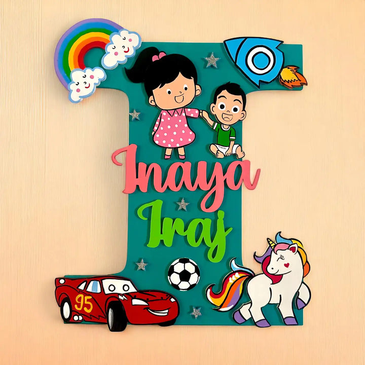 Personalized Initial Monogram MDF Wood Kids Name Plate For Siblings