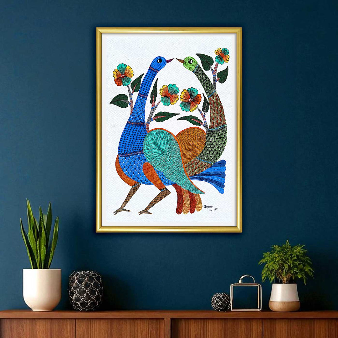 11 x 15 Inch | Love Birds with Flowers | Original Hand painted Tribal Gond Art Painting | Acrylic Paints On Paper
