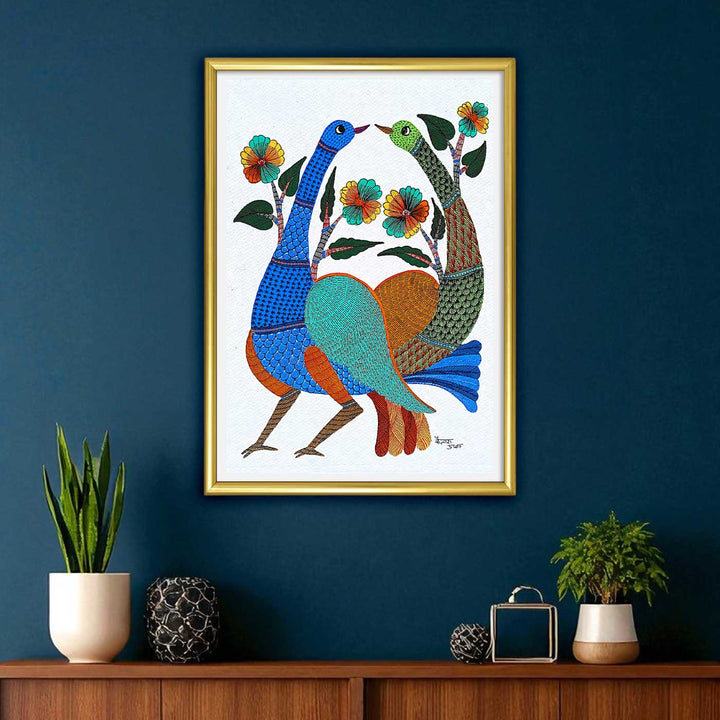 11 x 15 Inch | Love Birds with Flowers | Original Hand painted Tribal Gond Art Painting | Acrylic Paints On Paper