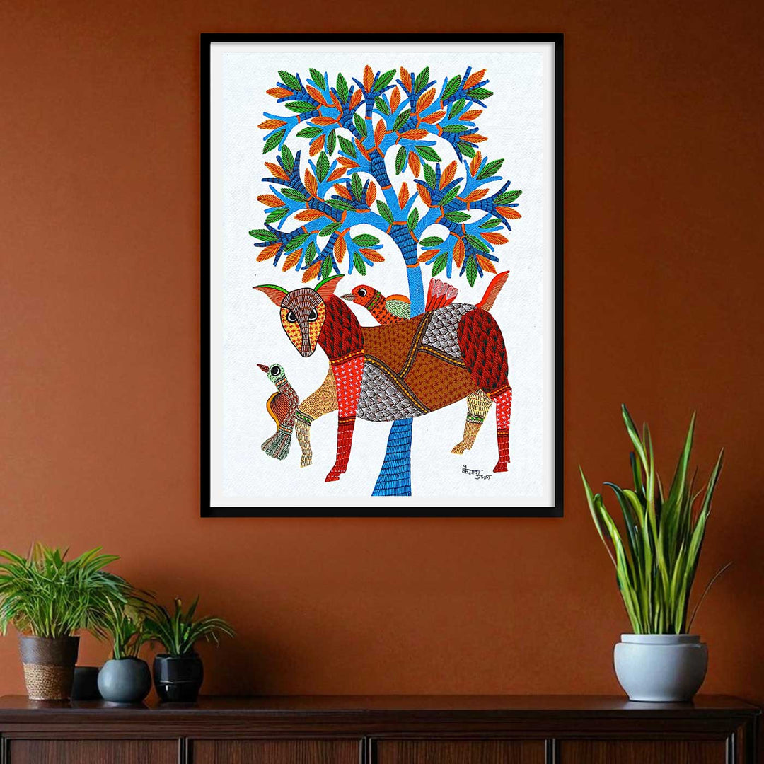 11 x 15 Inch | Animal, Birds & Tree | Original Hand painted Tribal Gond Art Painting | Acrylic Paints On Paper