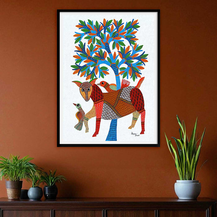 11 x 15 Inch | Animal, Birds & Tree | Original Hand painted Tribal Gond Art Painting | Acrylic Paints On Paper