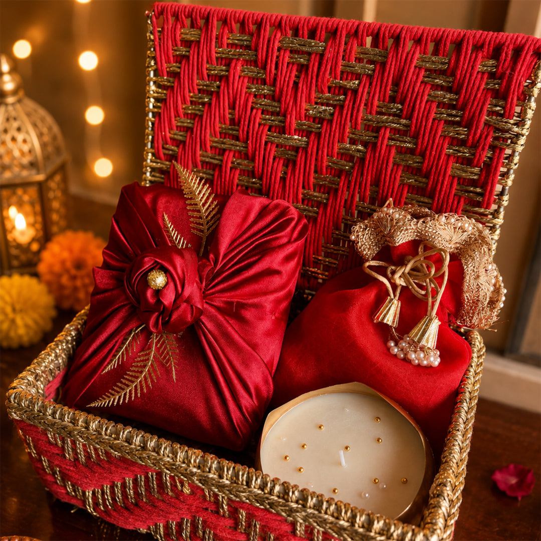 Ruby Utsav Red Basket Diwali Gift Hamper With Urli Soy Wax Candle And Almond Potli For Festive Gifting