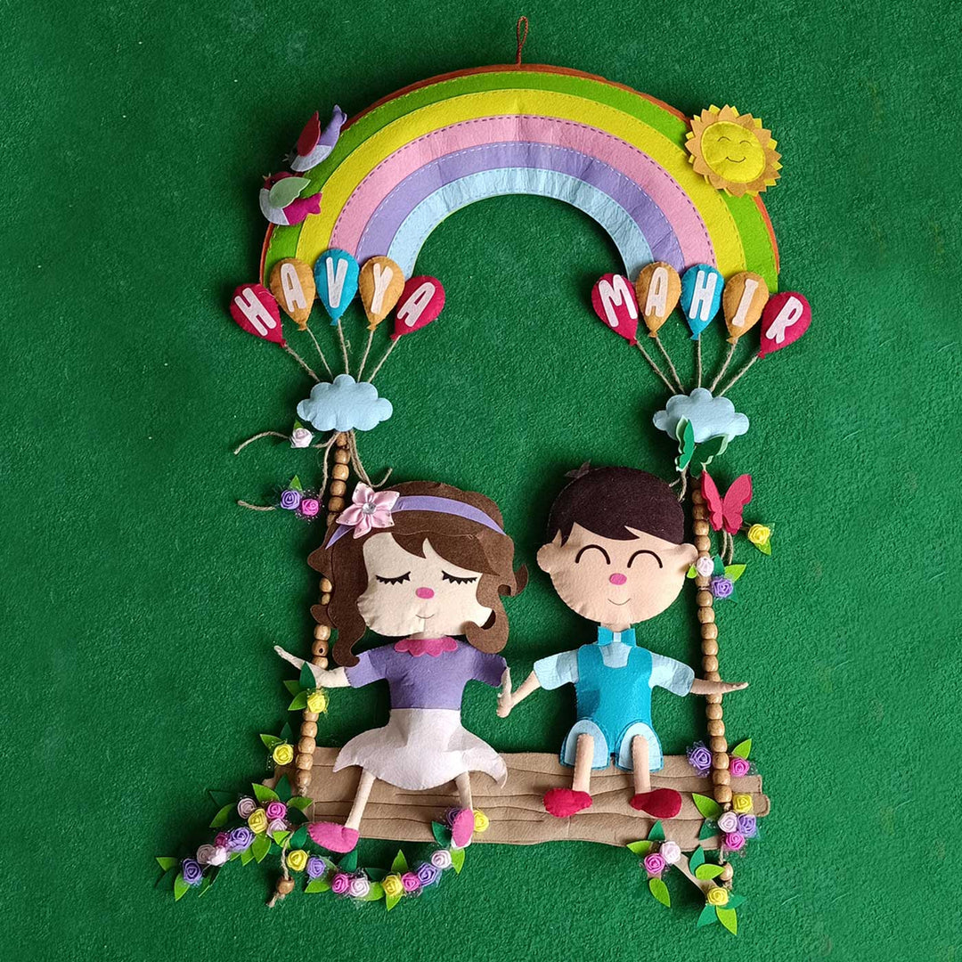 Handcrafted Personalized Rainbow with Swing Felt Name Plate for Siblings