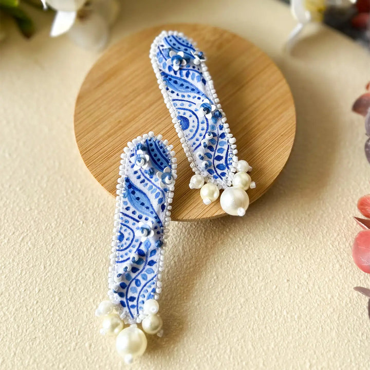 Hand Embroidered Beaded Blue & White Delicate Mughal Elegance Cotton Earrings