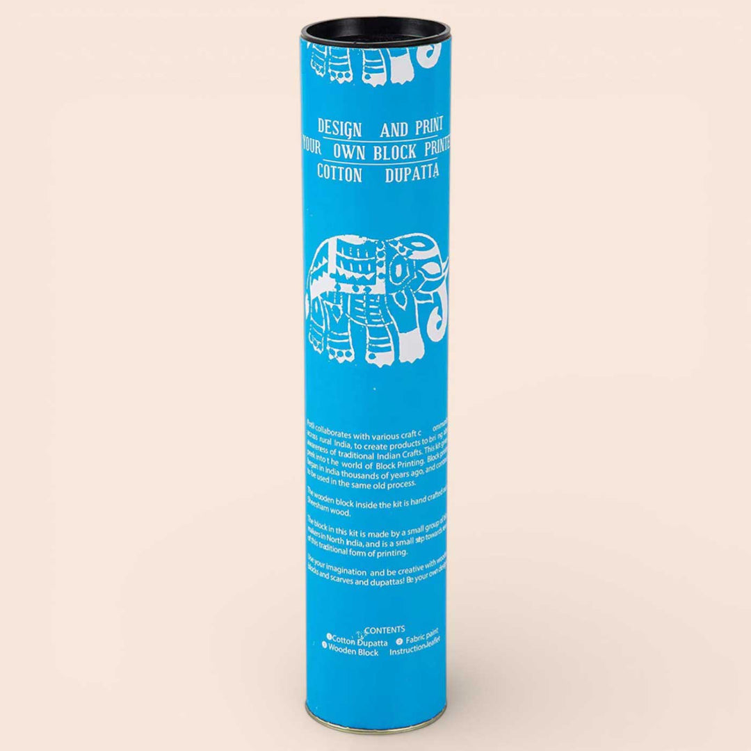 Blue Elephant Dupatta Block Print DIY Kit | Includes 1 White cotton dupatta, 1 Fabric paint, 1 Wooden block And 1 Sponge