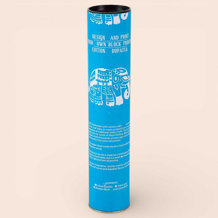 Blue Elephant Dupatta Block Print DIY Kit | Includes 1 White cotton dupatta, 1 Fabric paint, 1 Wooden block And 1 Sponge