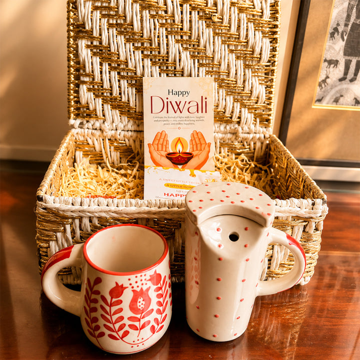Ruby Sip Red Diwali Gift Hamper With Tumbler, Mug And Small Urli Soy Wax Candle For Festive Gifting
