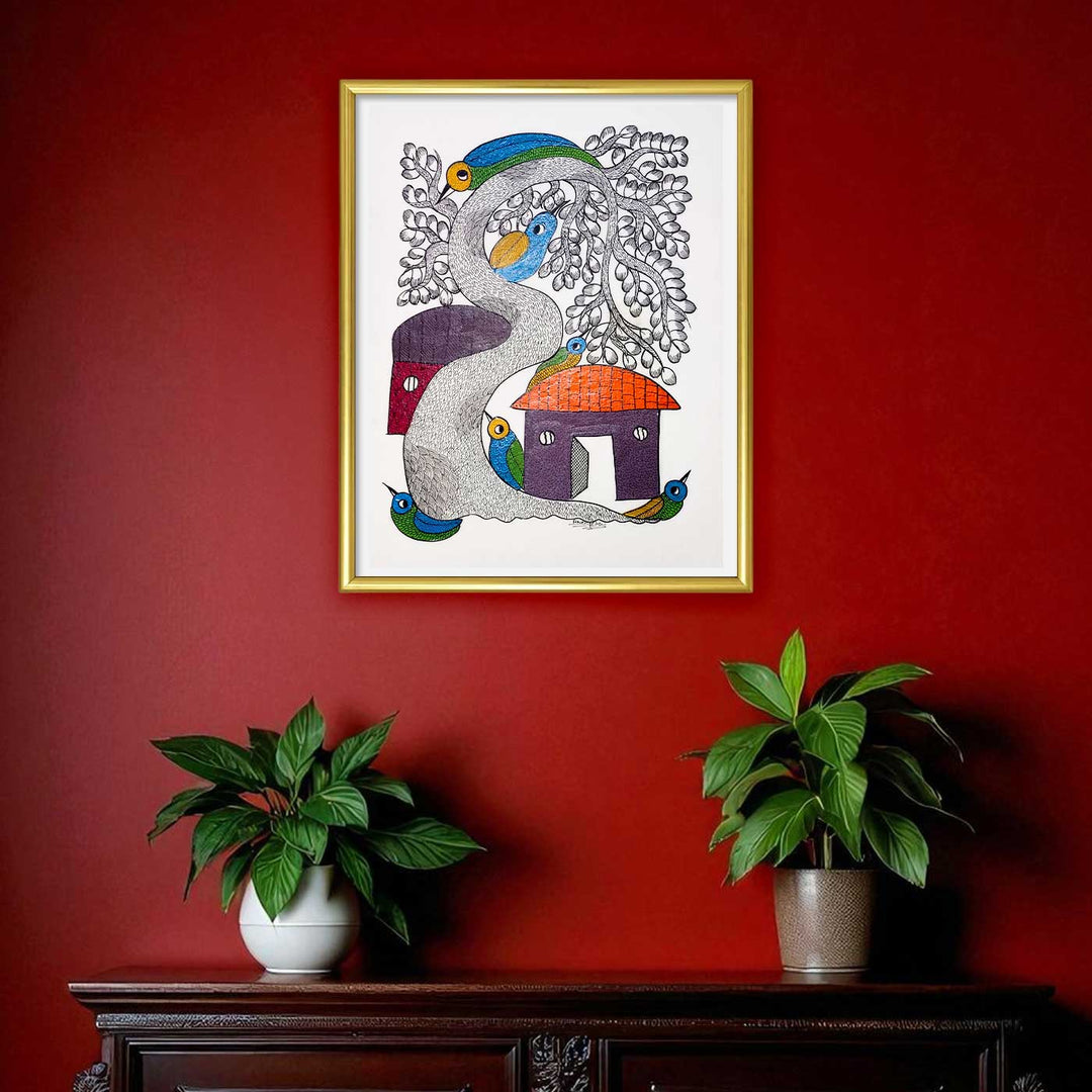 11 x 15 Inch | The Village that Sings | Original Hand Painted Tribal Gond Art Painting | Acrylic Paint On Paper