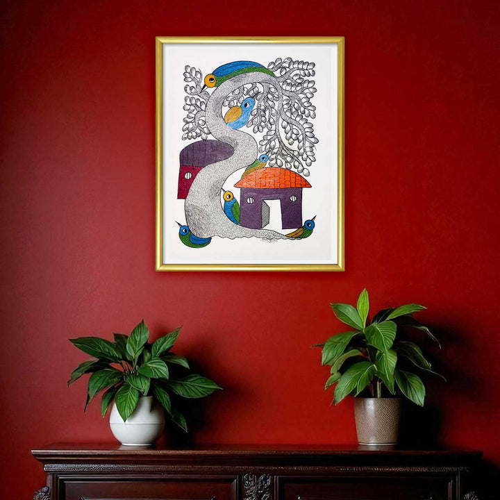 11 x 15 Inch | The Village that Sings | Original Hand Painted Tribal Gond Art Painting | Acrylic Paint On Paper