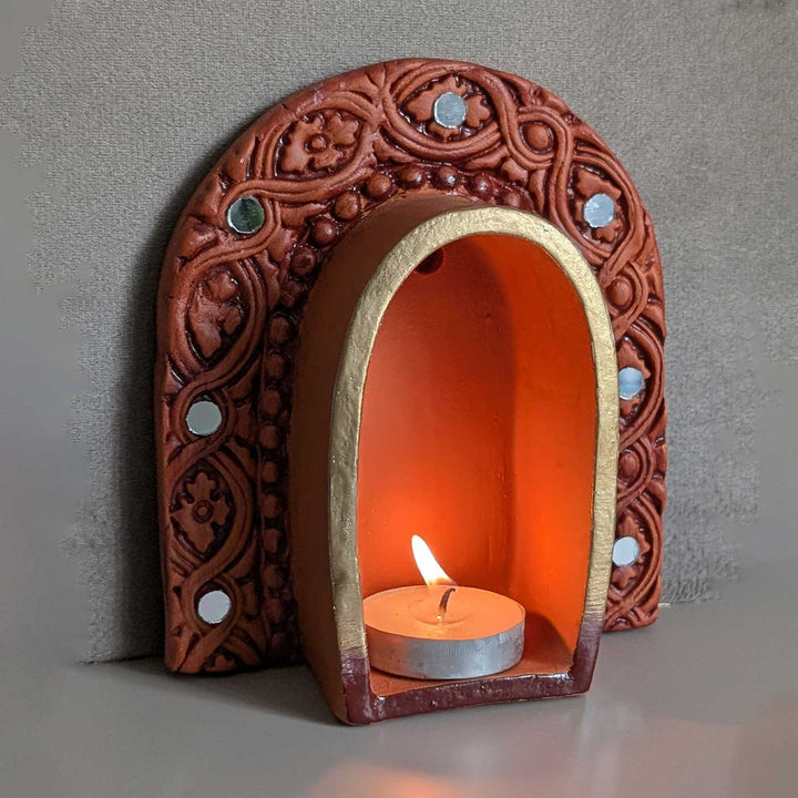 Hand-Painted "Mirror & Mitti" Arch Jharokha Terracotta Wall Decor Tealight Holder With Mirror Work For Festive Decor