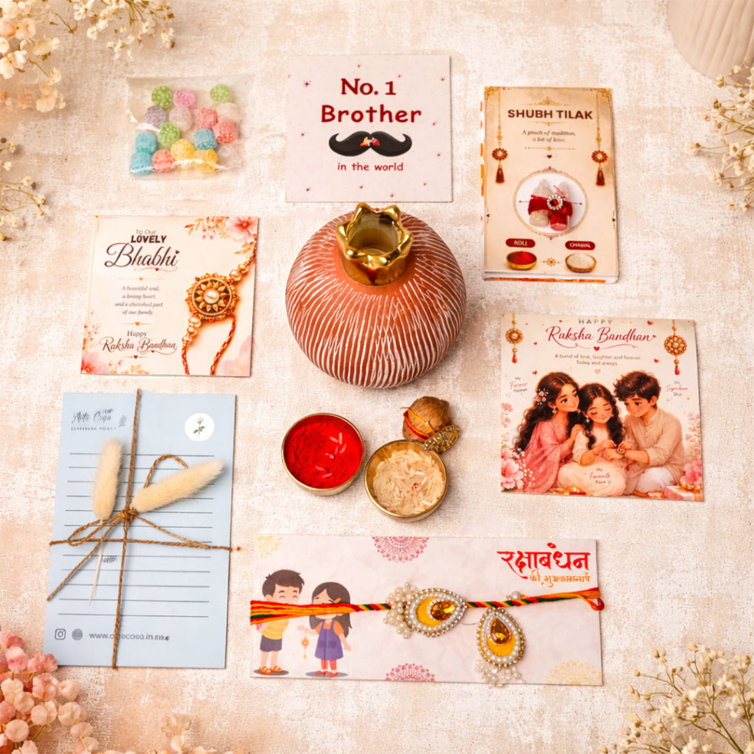 Pink Pomegranate Porcelain Vase Rakhi Hamper With Rakhi Set For Bhaiya Bhabhi