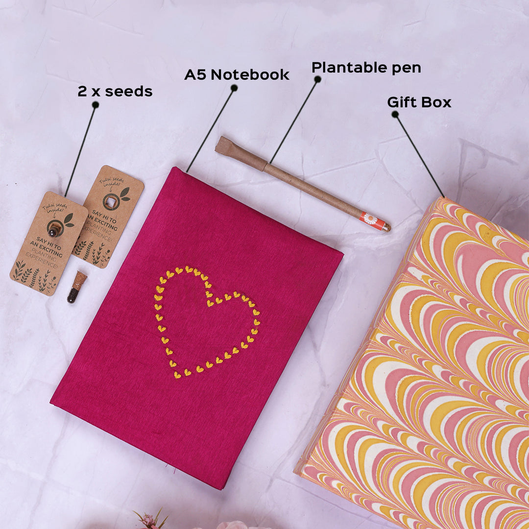 Eco-Friendly Handmade Hamper | 1 A5 Embroidered Hardcover Notebook, 1 Plantable Pen, 2 Seeds & 1 Gift Box
