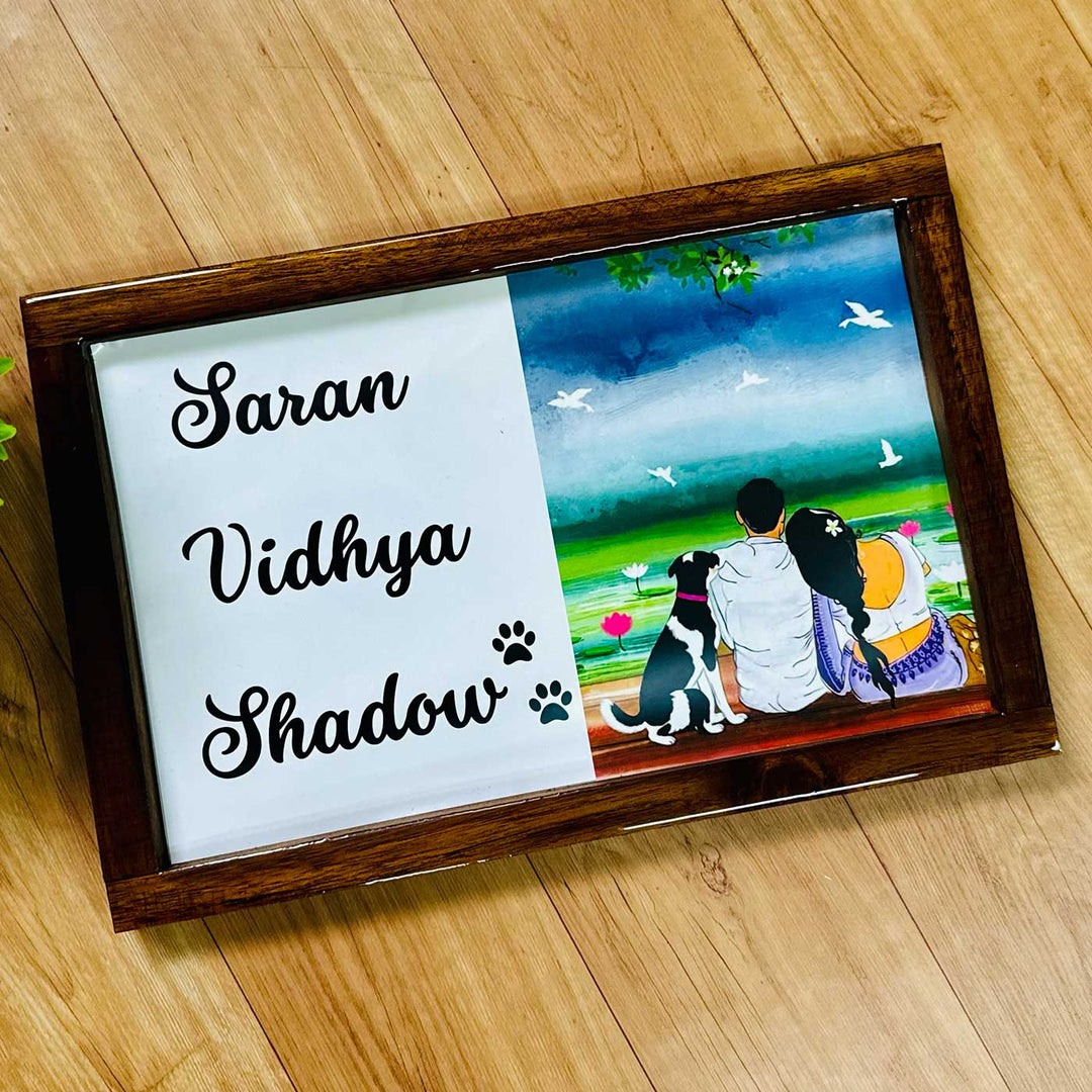 Couple With Pet Caricature Photo Personalized Resin Wooden Frame Name Plate