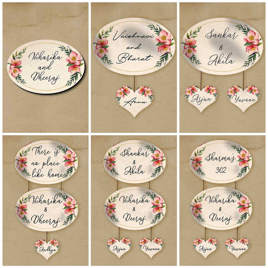 Printed Floral Wooden Oval Nameplate For Family