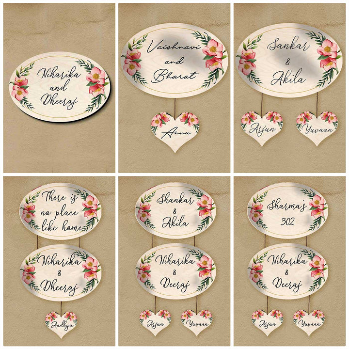 Printed Floral Wooden Oval Nameplate For Family