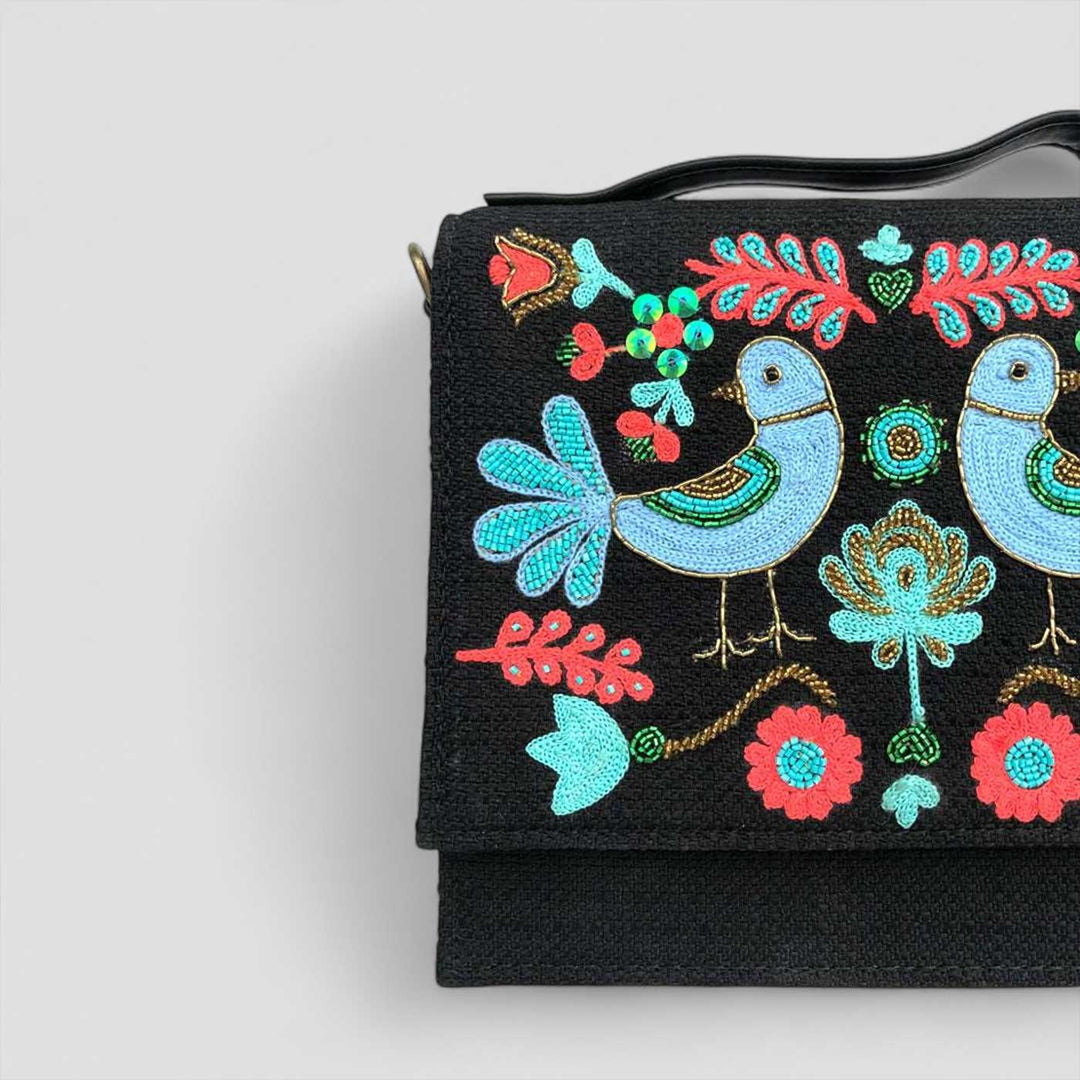 Handmade Embroidered Bird Design Black Matrix Sling Bag