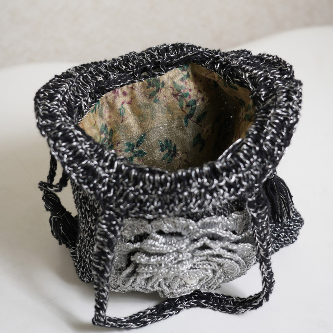 Handmade Crochet Black & Silver Potli