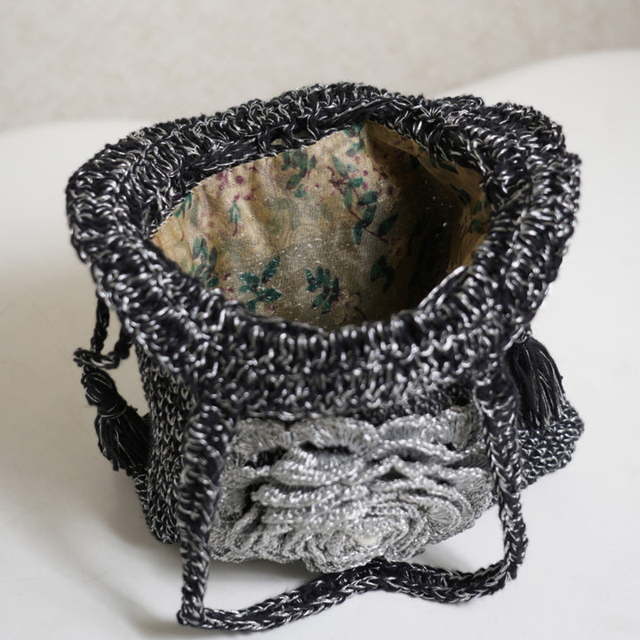Handmade Crochet Black & Silver Potli