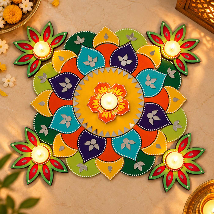 15 Inch Reusable Rangbahar Mirror Work Floral Mandala MDF Rangoli with Optional Tealight Holders