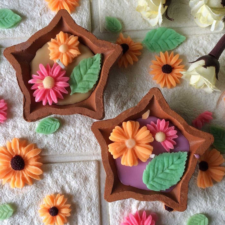 Handmade Pink & Orange Floral Diya Shaped Terracotta Candle