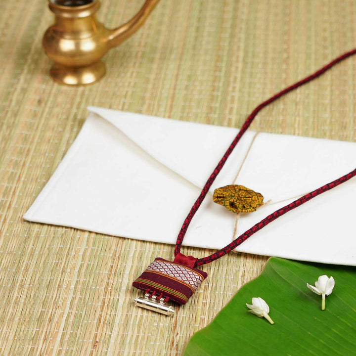 Handmade Maroon Khunn Fabric Necklace With Silver Tawiz