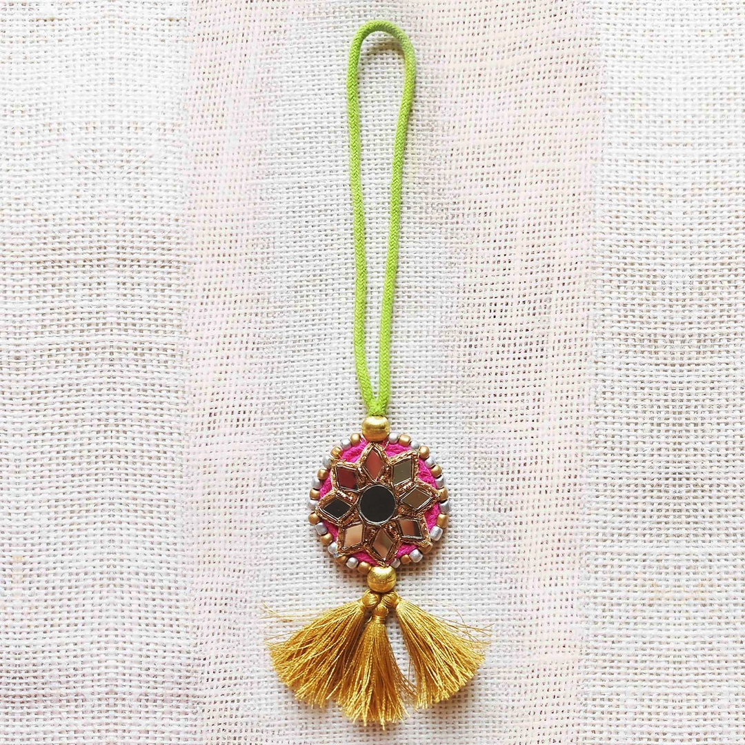Handmade Mirror Work Beaded Silk Lumba Rakhi for Bhabhi With Roli Chawal