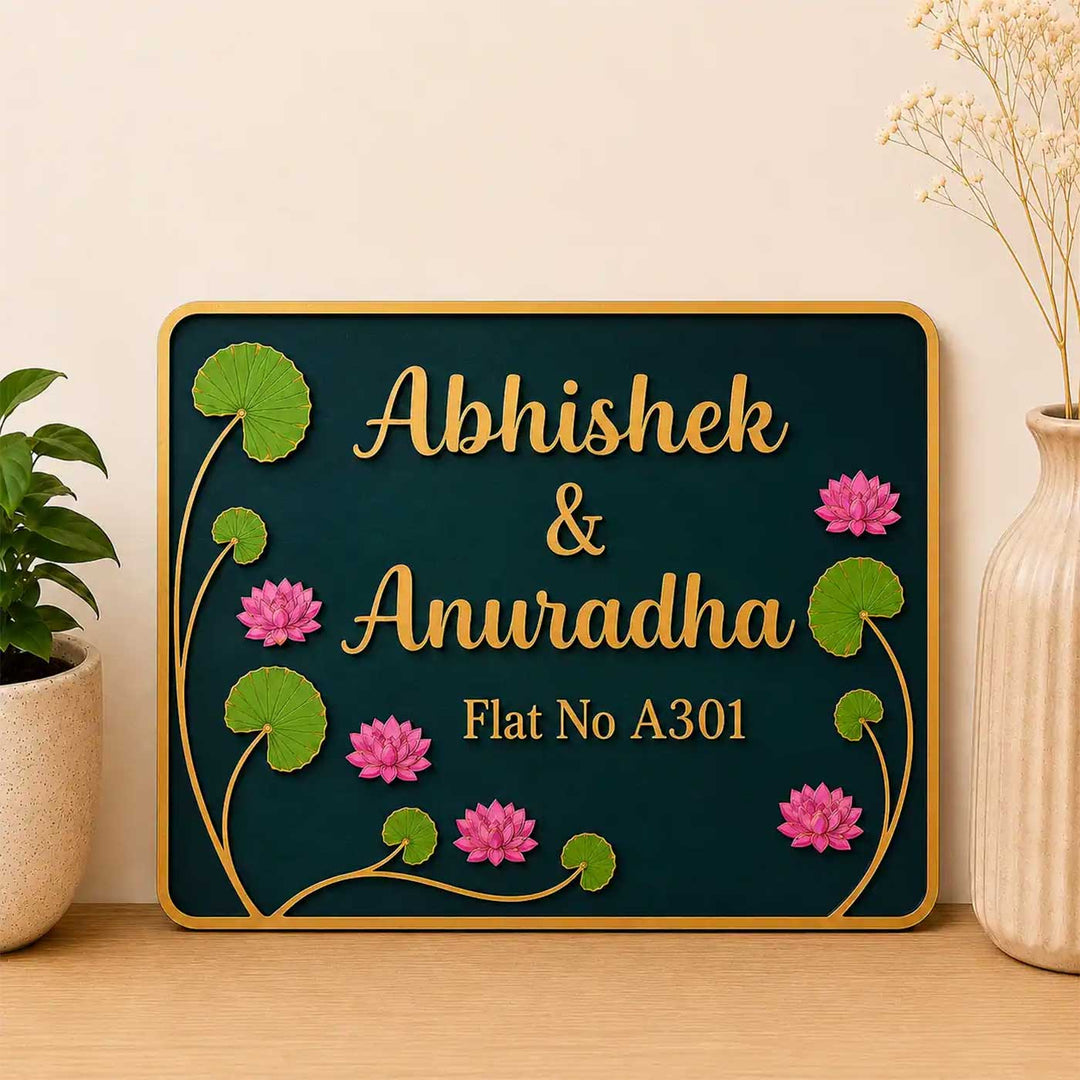 "Lotus Pond" Handcrafted Personalized MDF Wood Name Plate For Home